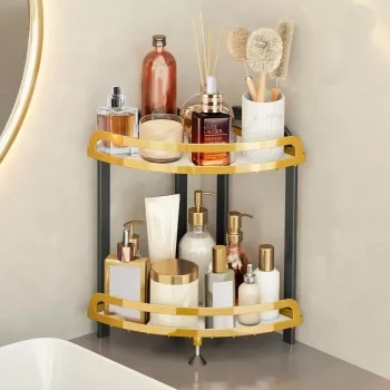 Gold 2-Tier Corner Vanity Organizer for Makeup & Skincare