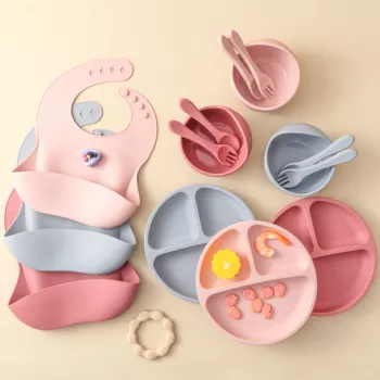 5-Piece Silicone Feeding Set: Suction Bowl, Bib, Straw Cup