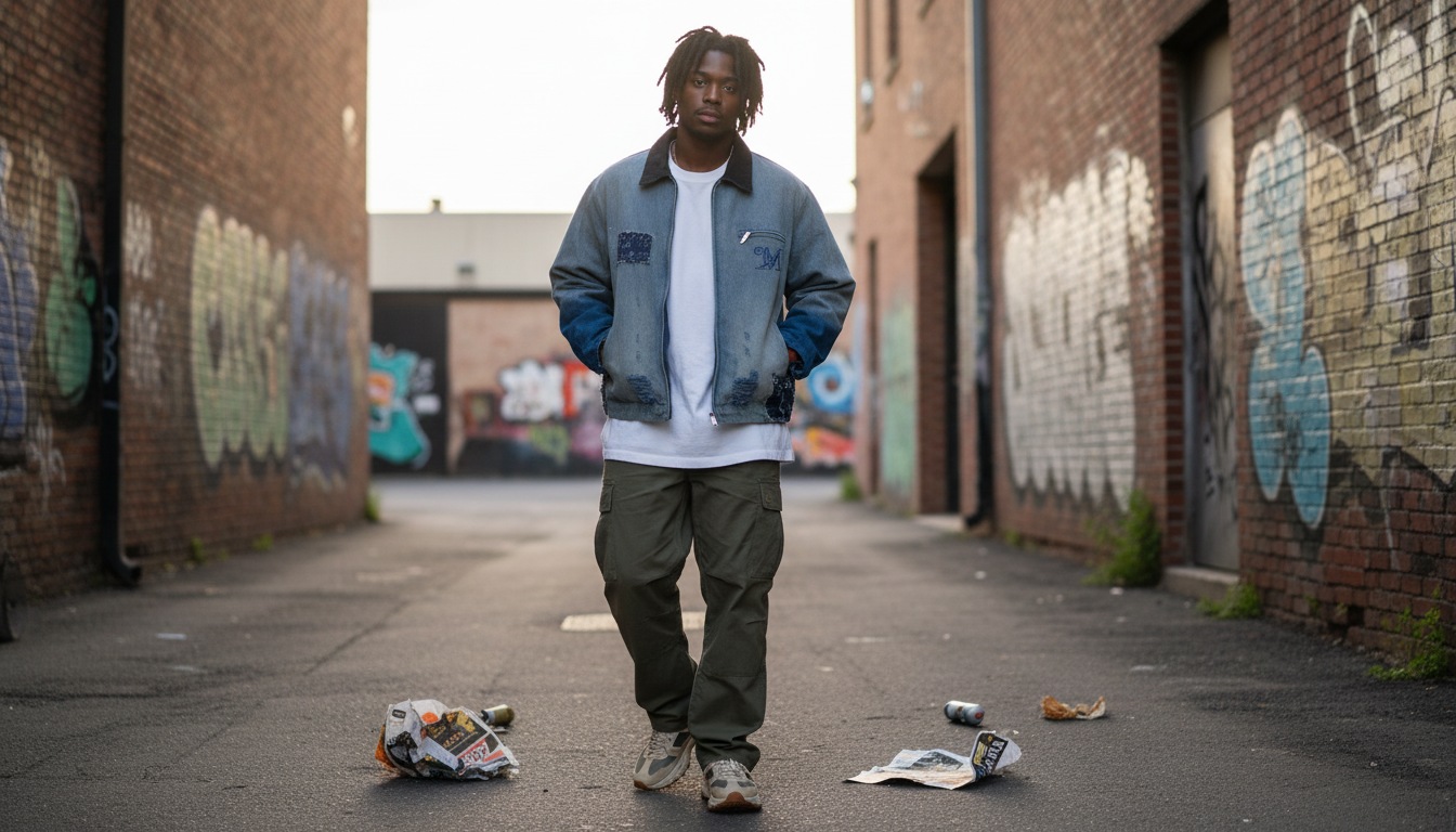 Distressed Patchwork Denim Workwear Jacket for Hip Hop Fits