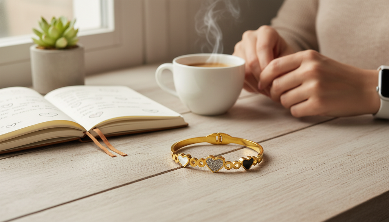 Gold-Plated Titanium Heart Bangle: Adjustable Everyday Style