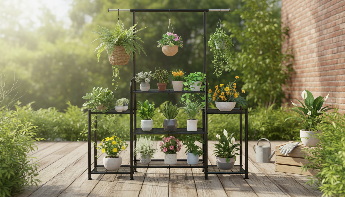3-Tier Metal Plant Stand + Expandable Hanging Rod Guide