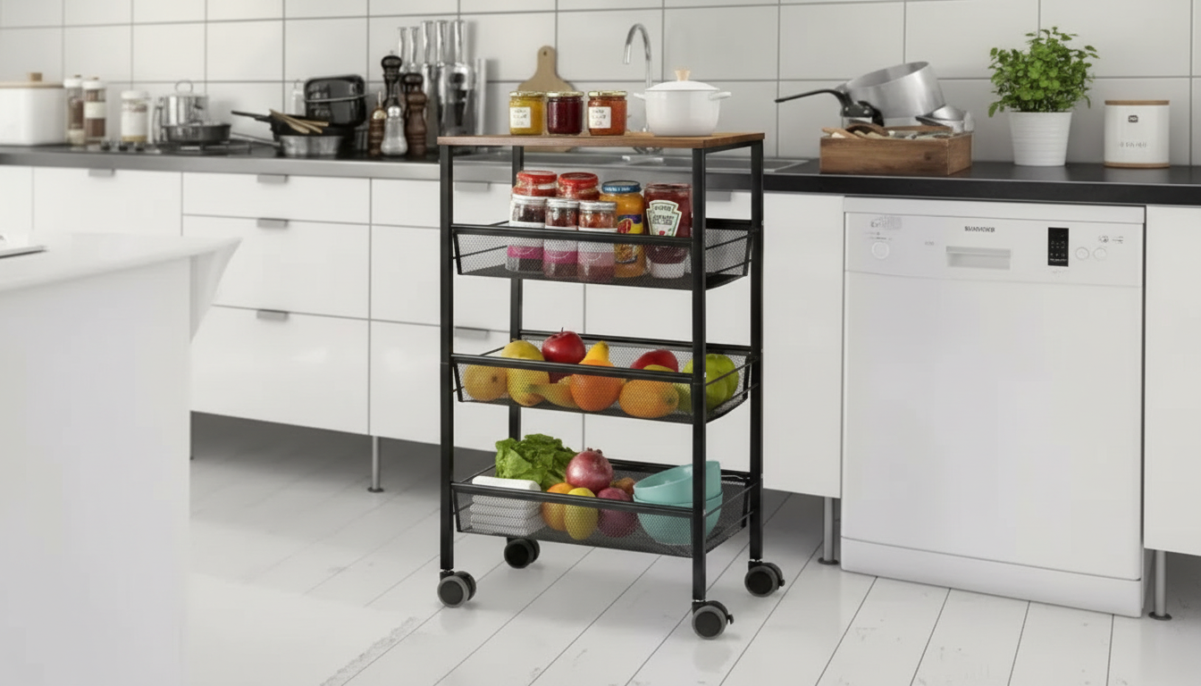 4-Tier Rolling Cart: Wood Shelves + Locking Wheels