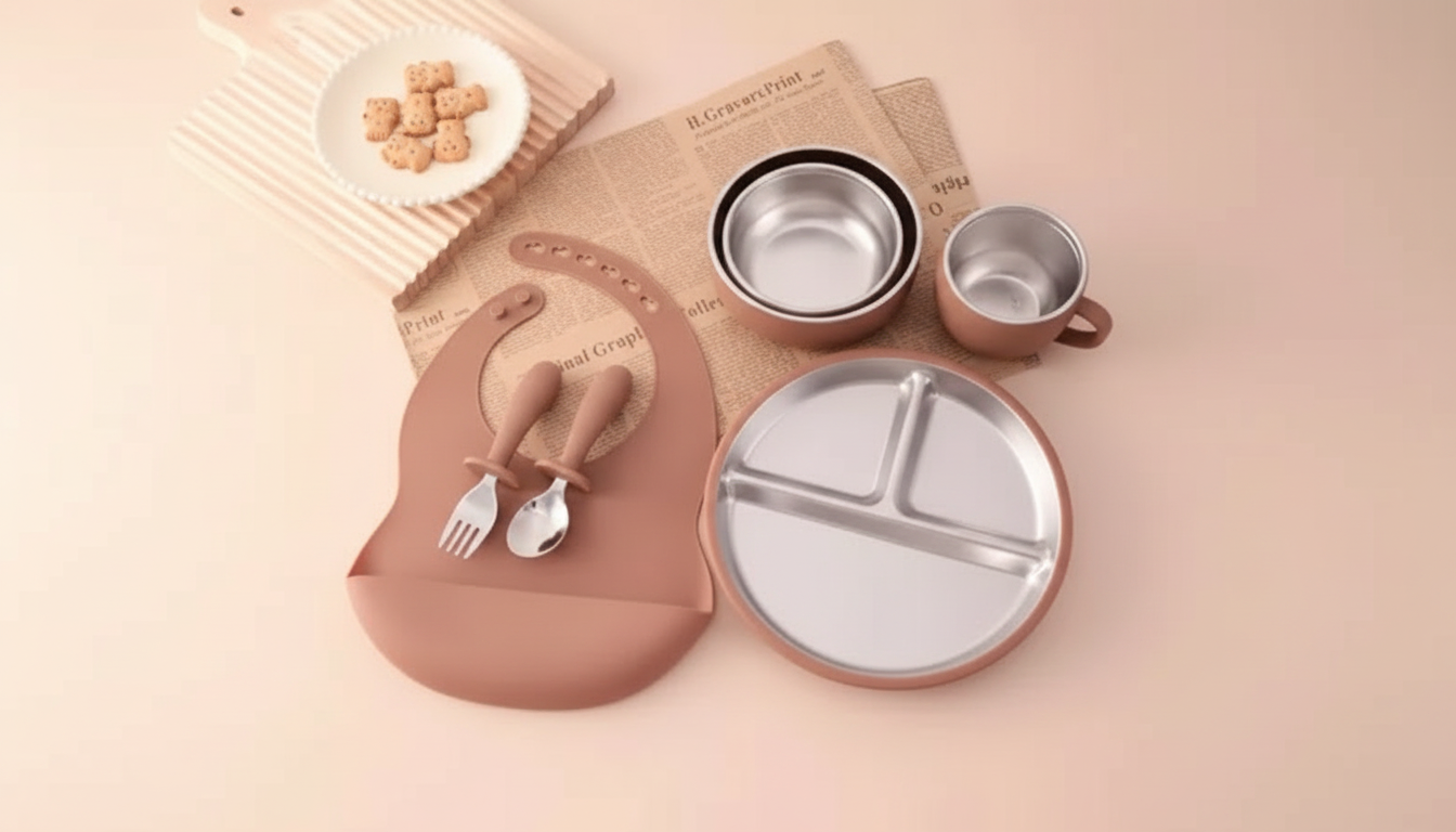 7-Piece Baby Feeding Set: Steel Bowls + Silicone Utensils