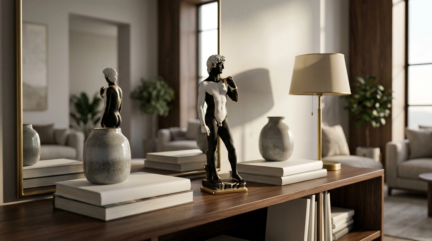 Black, White & Gold David Statue: Luxury Shelf Decor