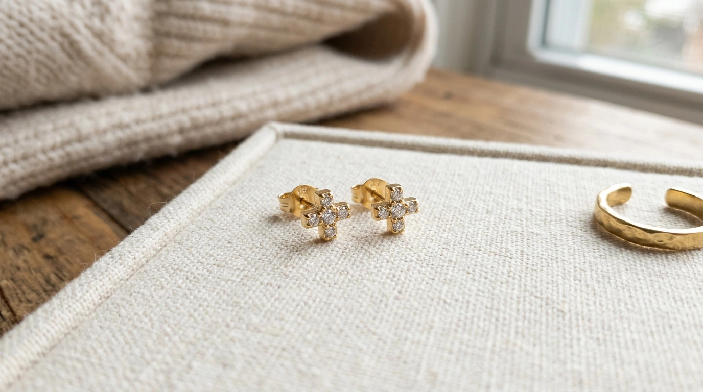 Square Cross Moissanite Studs in Gold-Plated Sterling