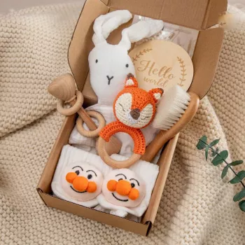 Baby Bath Care Set: Drool Towel, Socks, Rattle & Brush