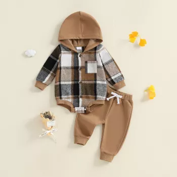 Plaid Hooded Romper + Joggers: Baby Boy Fall Set 0–24M