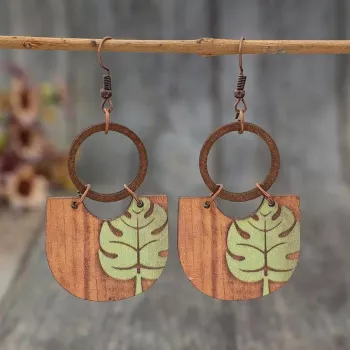 Wood Circle & Monstera Leaf Drop Earrings: Lightweight Style