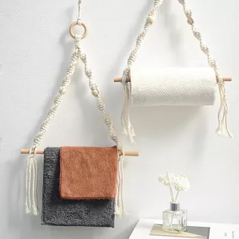 Boho Wooden Bead Towel & Paper Rack: Woven Wall Decor