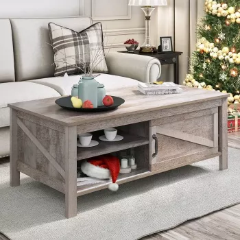 Rustic Gray Sliding-Door Coffee Table with Adjustable Shelf