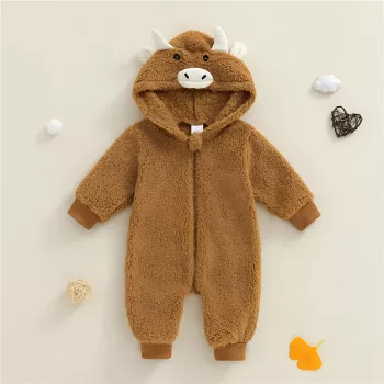 Cozy Baby Bull Plush Hooded Romper for Winter Outings