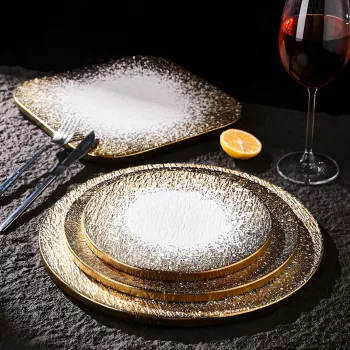 Frosted Ceramic Stone-Pattern Dinner Plate with Gold Edge