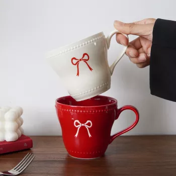 Bowknot Porcelain Mug with Beaded Lace Cafe Charm