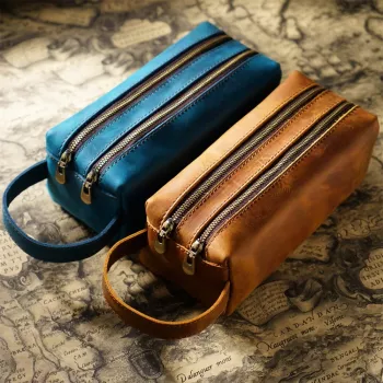 Genuine Leather Double-Zip Pen Bag: High Capacity